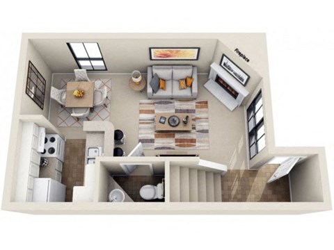 a bedroom with a bed and a desk in a room